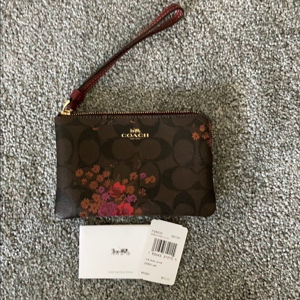 NWT COACH Signature Brown Floral Leather Wristlet